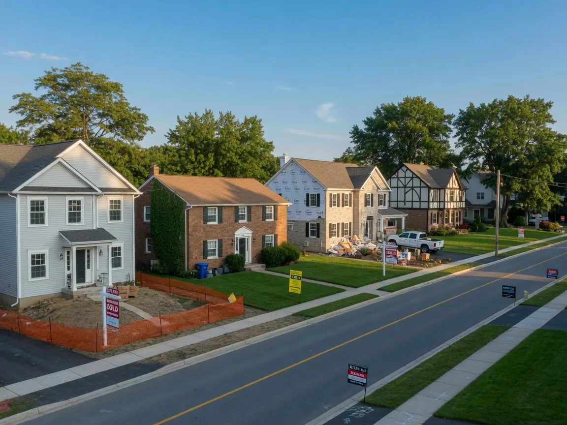 A suburban neighborhood with new construction homes and established properties