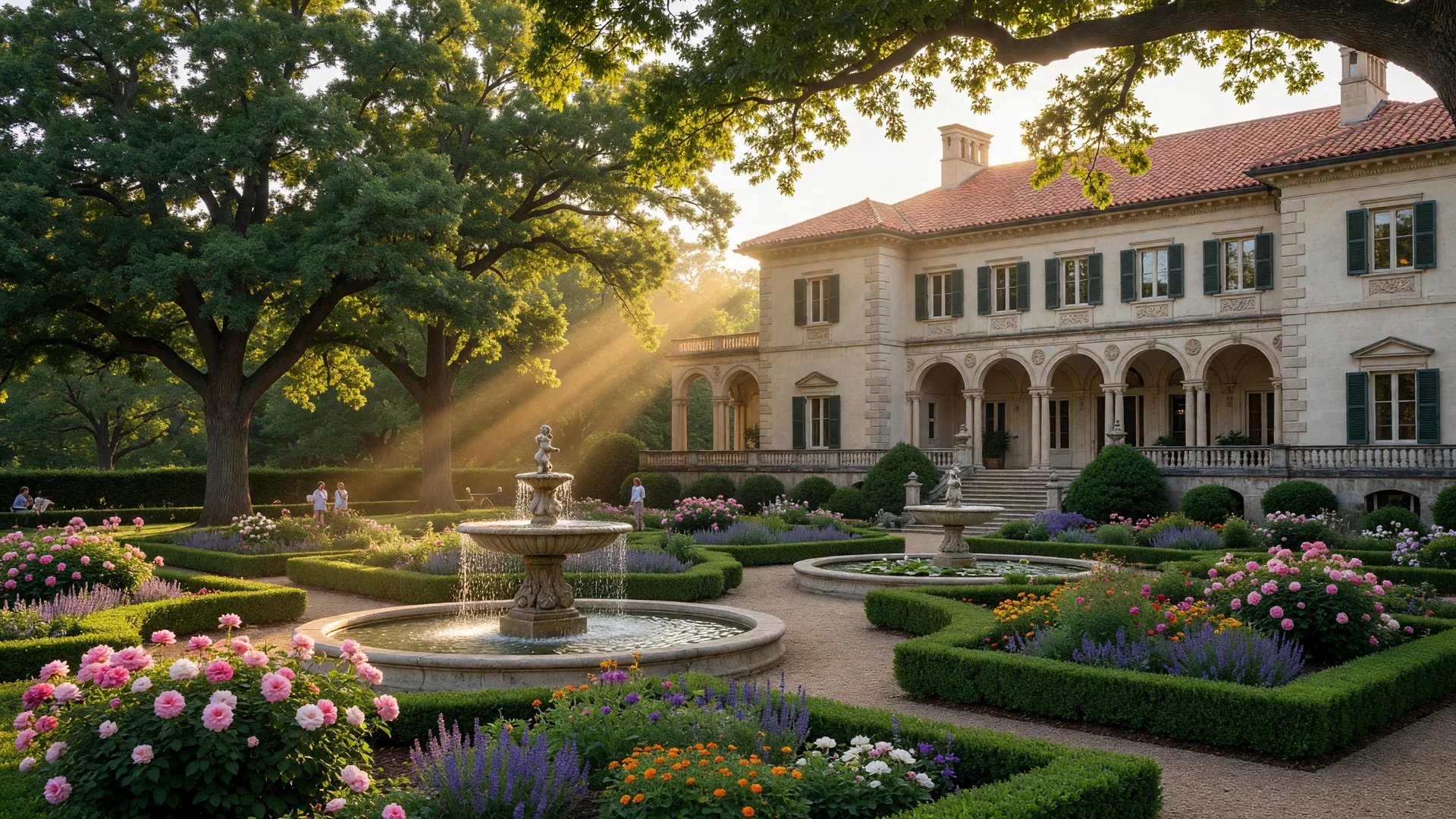 The Philbrook Museum of Art in Tulsa, a beautiful Italian Renaissance villa surrounded by lush formal gardens at golden hour