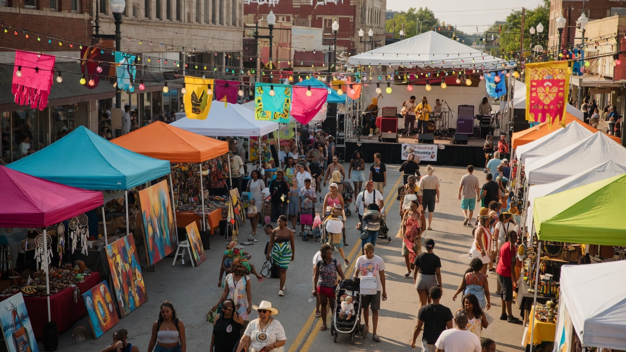 A vibrant outdoor festival with crowds, colorful decorations, and live entertainment