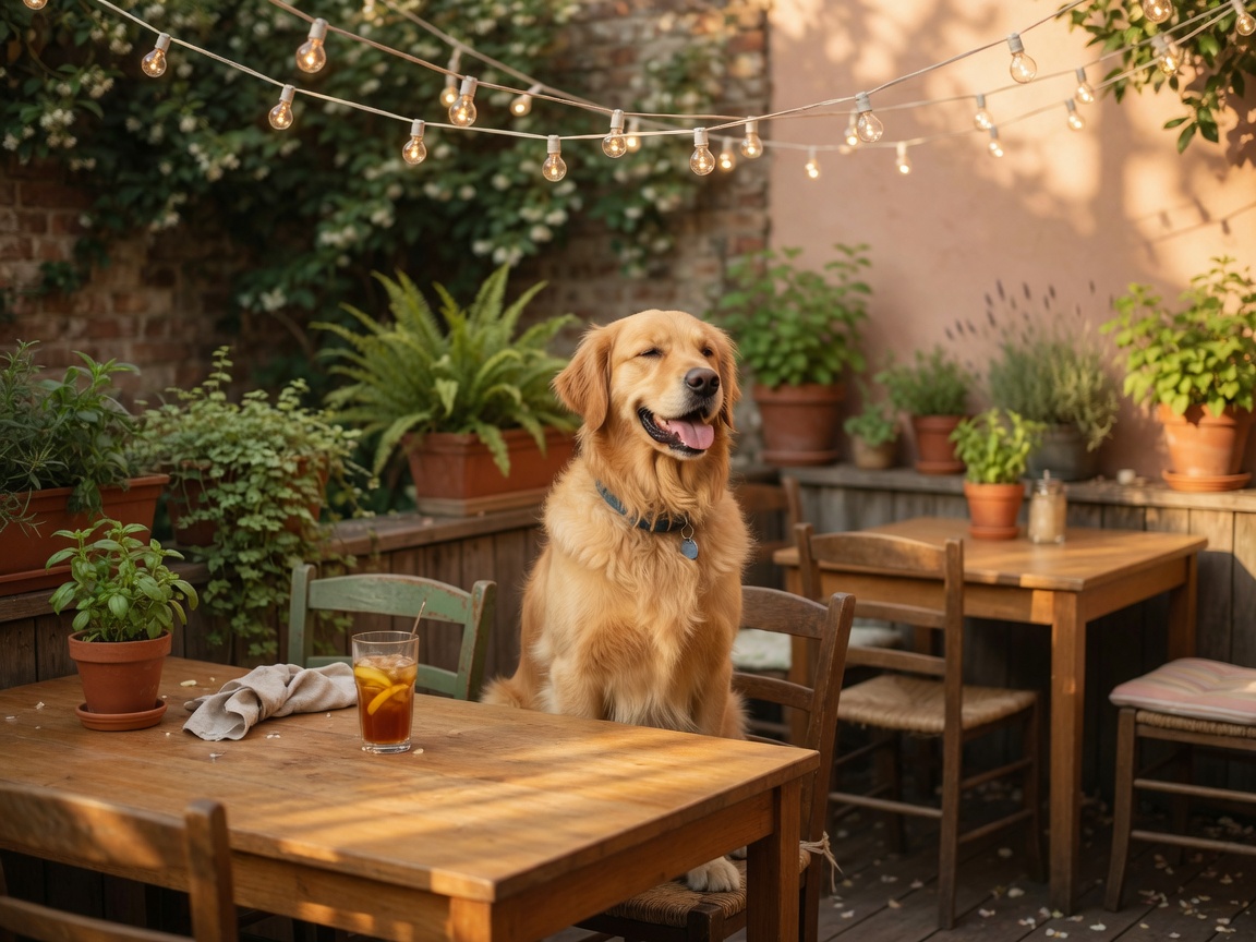 A dog sitting on a sunny restaurant patio with string lights and warm wood tones