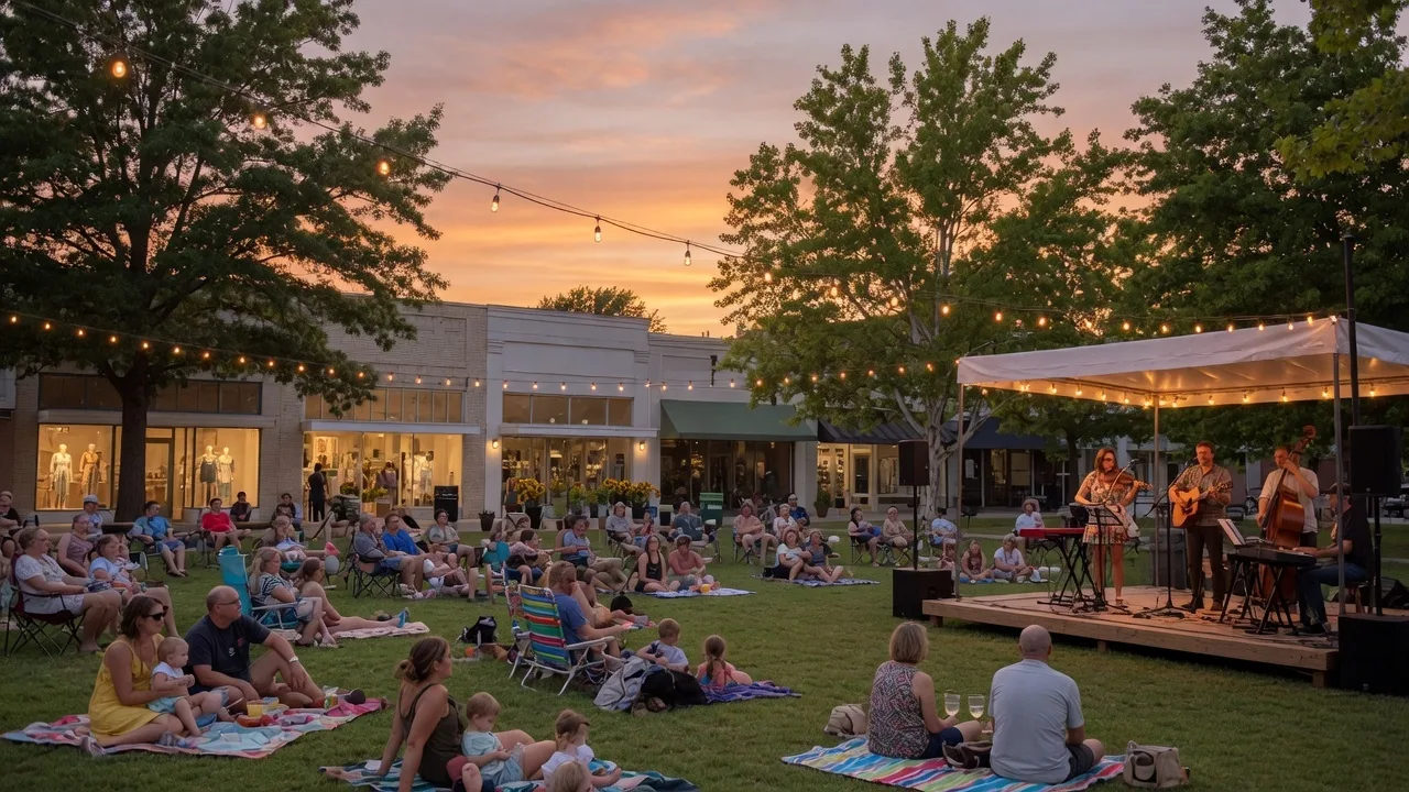 Summer evening outdoor concert at Utica Square in Tulsa with audience on lawn blankets and string lights