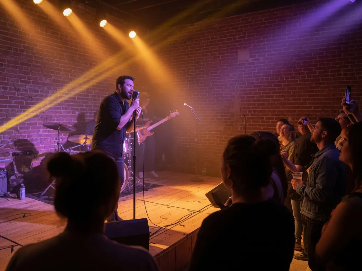 The interior of The Vanguard music venue in Tulsa with stage lighting and exposed brick walls