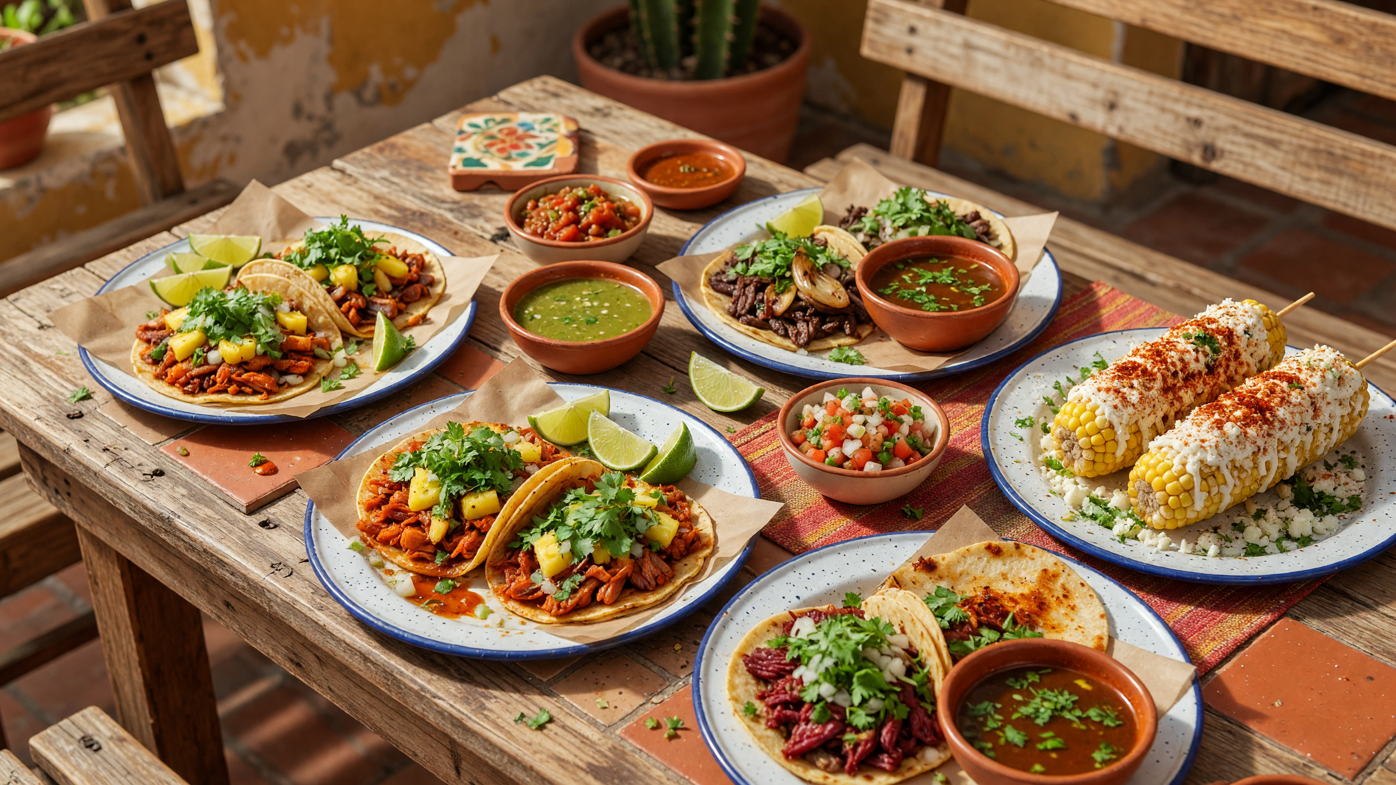 A colorful spread of street tacos featuring al pastor, carne asada, and birria tacos with fresh salsa, lime wedges, and Mexican street corn