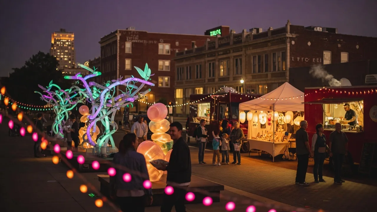 Night Light Tulsa event at dusk with glowing string lights, art installations, and a lively evening market