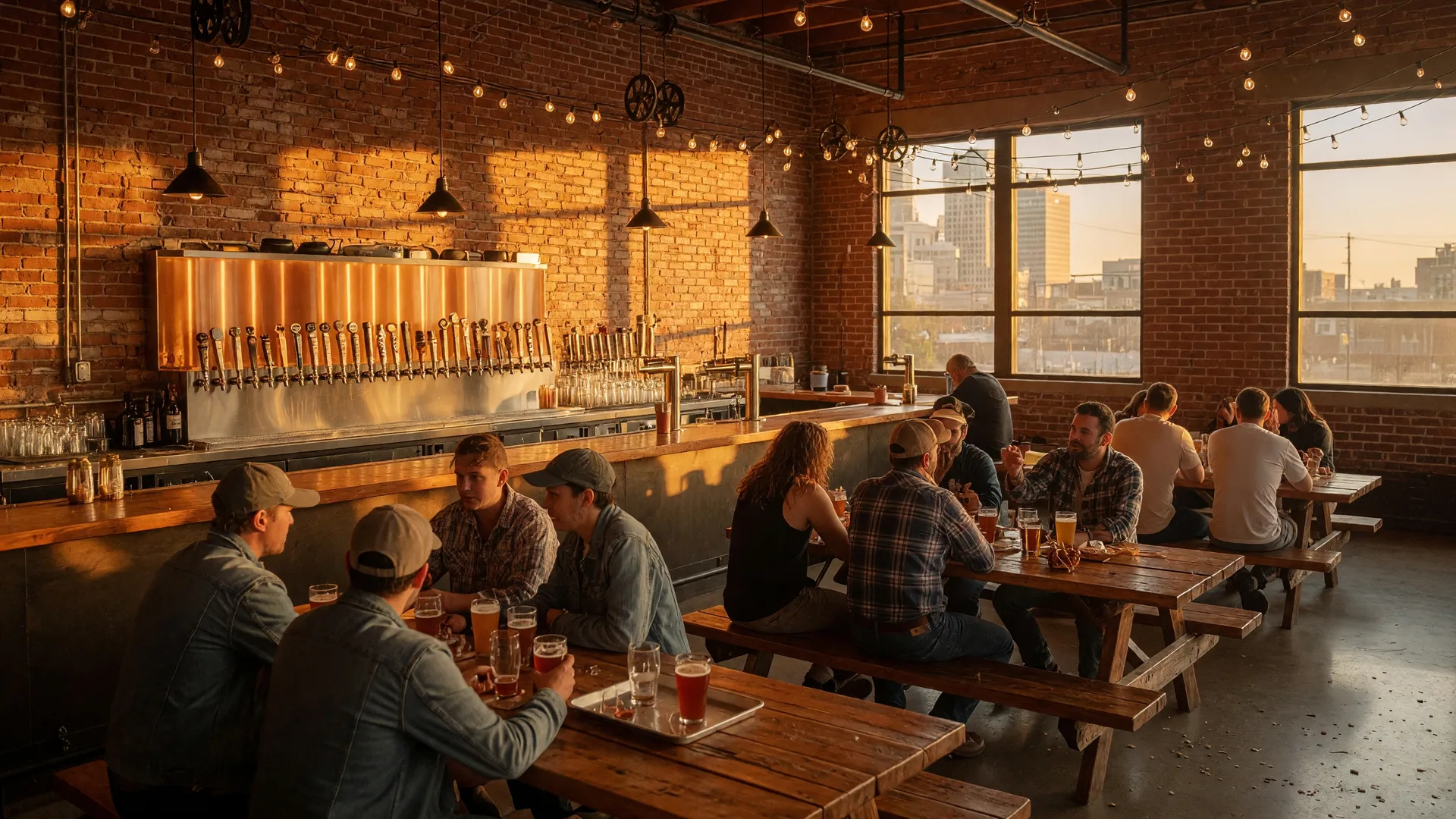 A warm and inviting craft brewery taproom in Tulsa with exposed brick walls, amber lighting, and a long wooden bar with tap handles