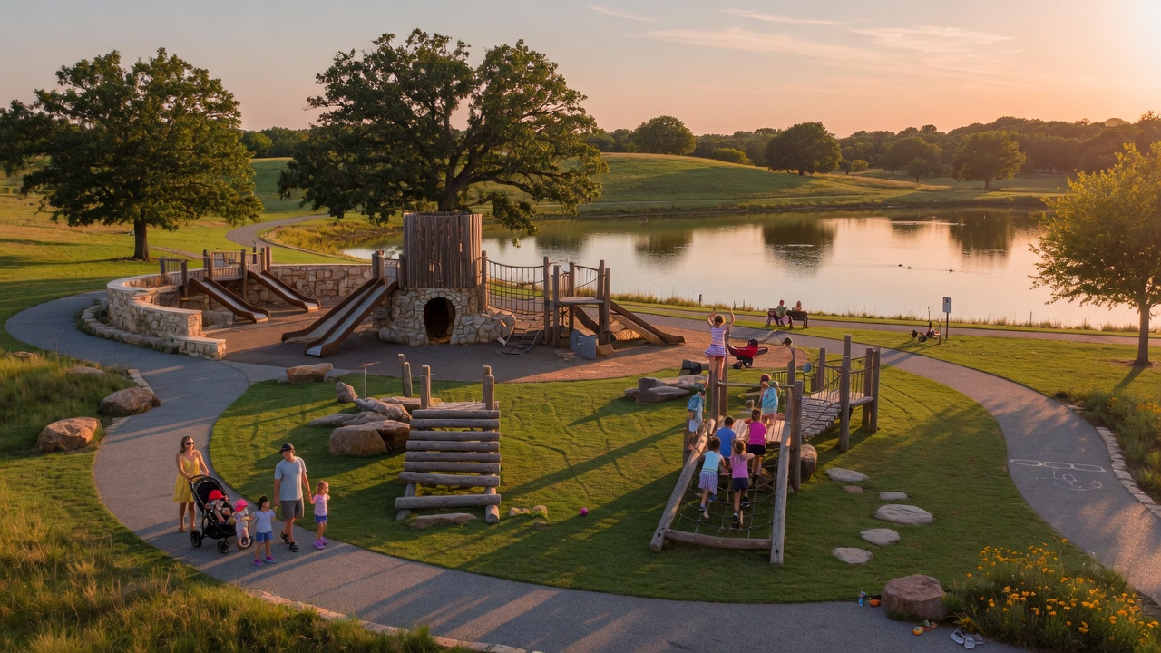 A sunny afternoon at a sprawling Tulsa urban park with playgrounds, walking trails, and families enjoying the outdoors