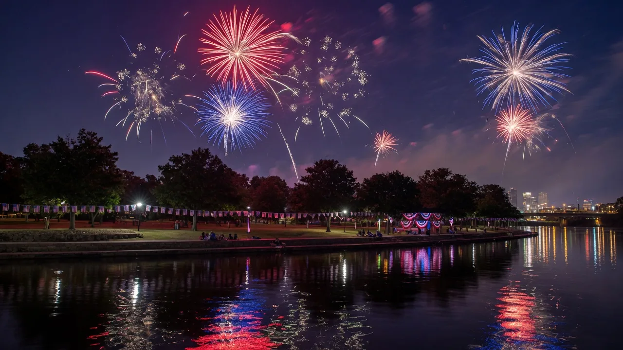 Colorful fireworks lighting up the night sky over the Arkansas River in Tulsa during a Fourth of July celebration