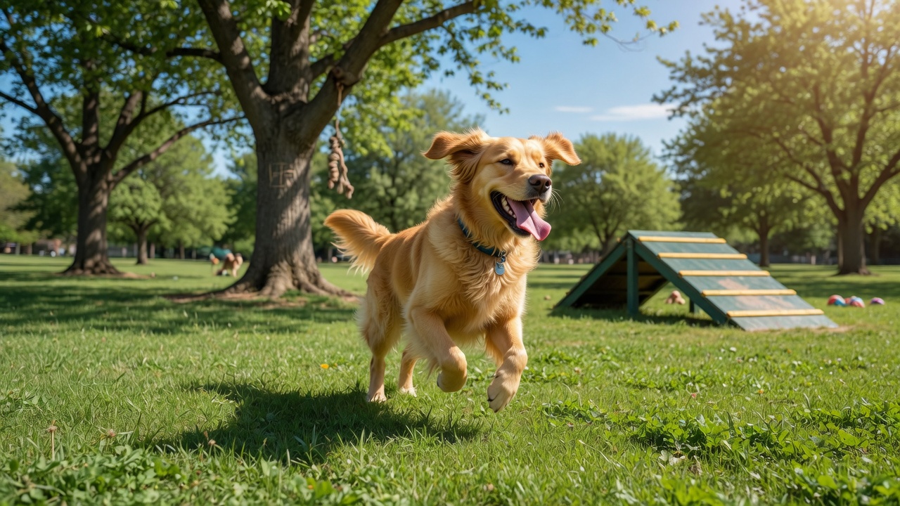 A happy dog running through a grassy off-leash park on a sunny day
