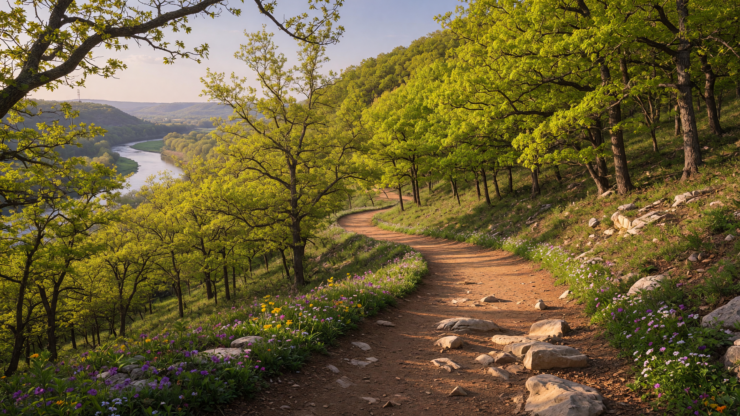 A scenic hiking trail winding through a wooded hillside near Tulsa with golden afternoon light filtering through the trees