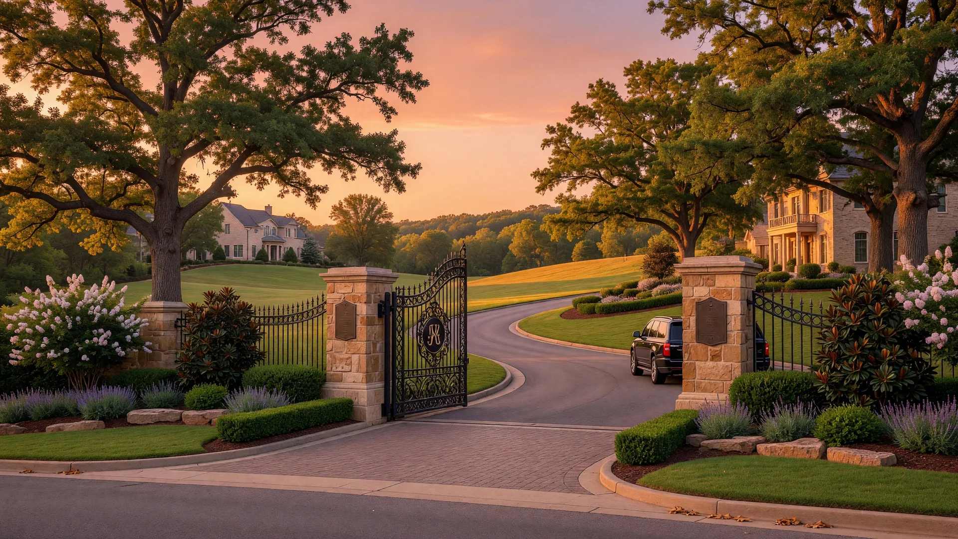 An elegant gated community entrance with wrought-iron gates, stone pillars, and manicured landscaping bathed in warm golden-hour light