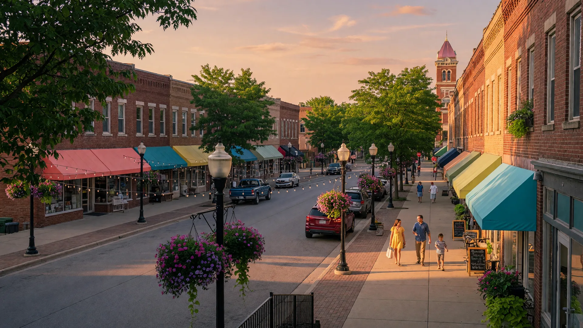 Charming downtown main street in Hamilton County Indiana with string lights and flower baskets at golden hour
