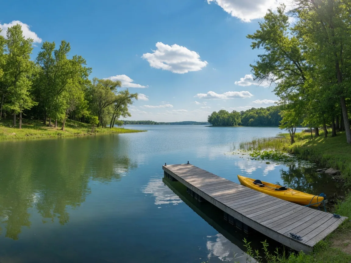 Peaceful waterfront scene at Morse Reservoir in Noblesville Indiana with a dock and calm lake