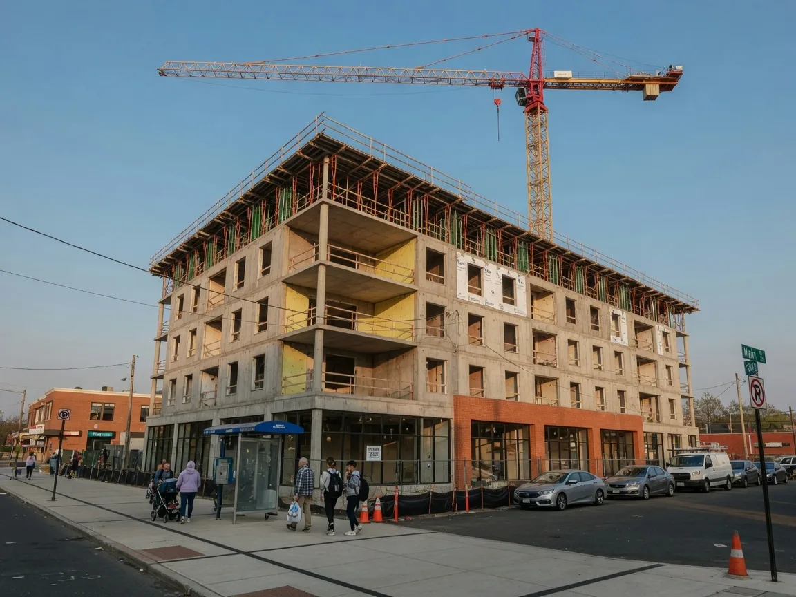 A modern mixed-use building under construction with scaffolding and a crane in a suburban downtown