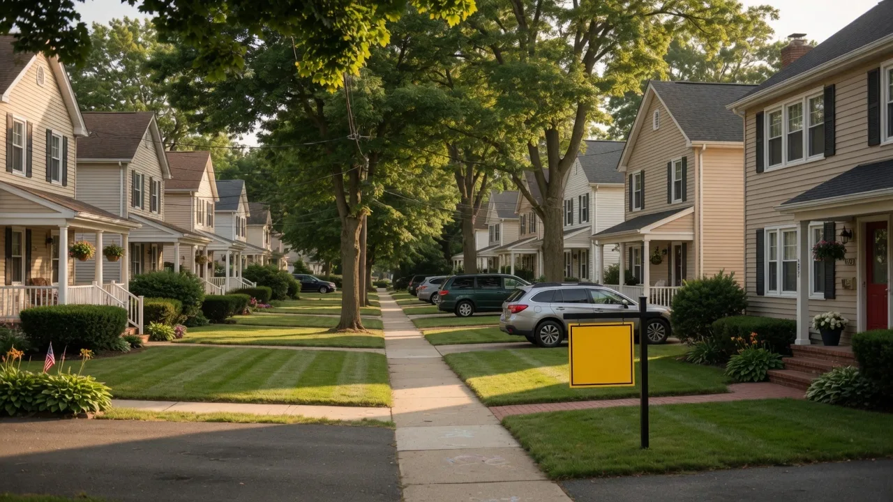A quiet residential street in Essex County NJ with well-maintained homes and a For Sale sign on a sunny summer day