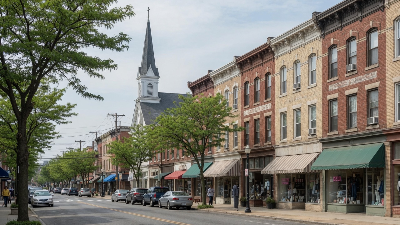 Commercial corridor along Bloomfield Avenue in Bloomfield NJ with historic buildings and storefronts