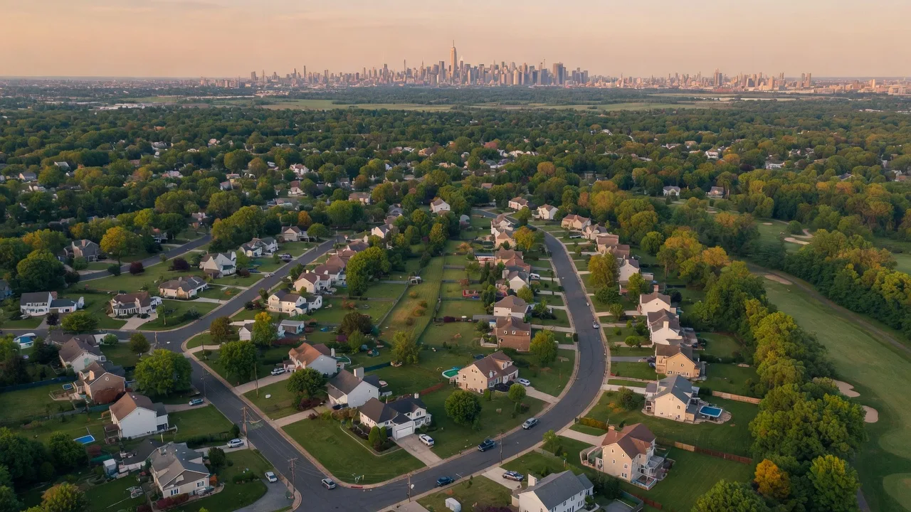 Aerial view of spacious suburban New Jersey neighborhood with Manhattan skyline on the horizon
