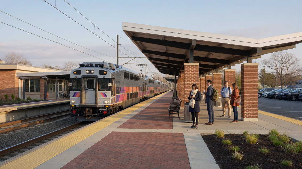 NJ Transit commuter train at a suburban station platform in Northern New Jersey