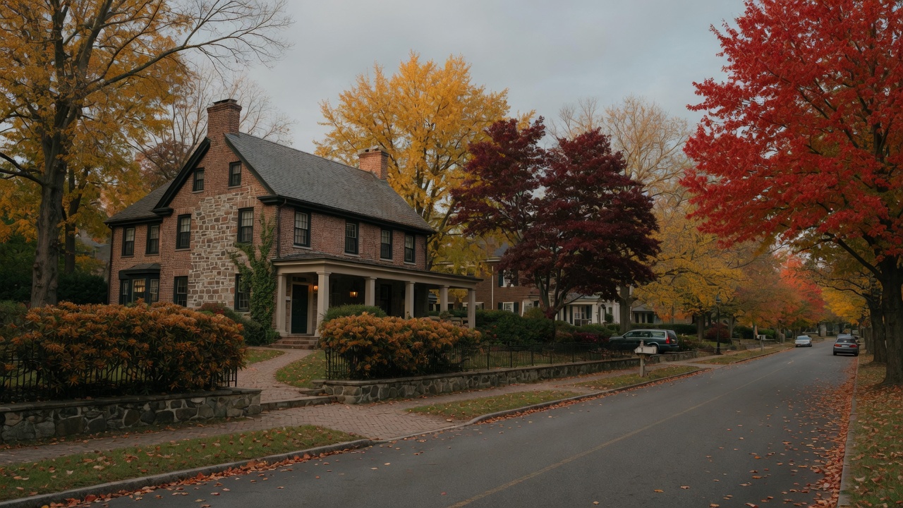 Historic building on a tree-lined suburban avenue in West Orange NJ