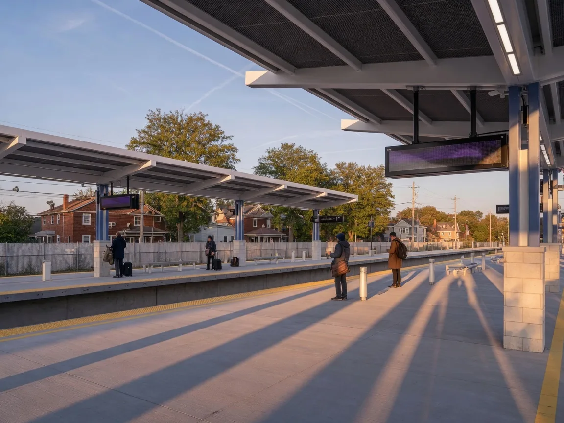 Renovated NJ Transit train station platform in Bloomfield NJ with modern canopy and leafy suburban setting