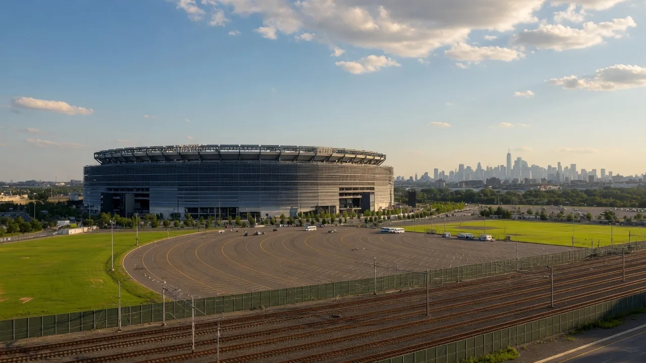 MetLife Stadium in East Rutherford, New Jersey, seen on a sunny summer afternoon with the Manhattan skyline in the distance