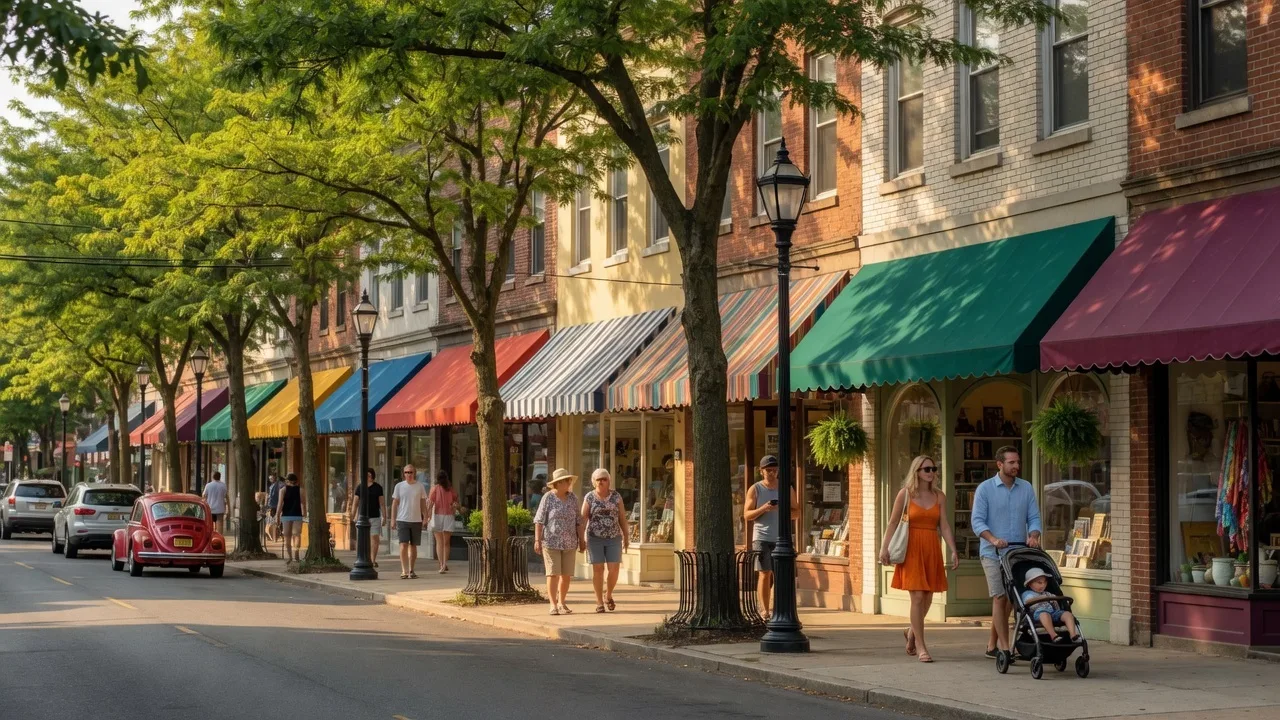 A vibrant downtown Bloomfield Avenue in Montclair NJ with storefronts and pedestrians on a summer afternoon