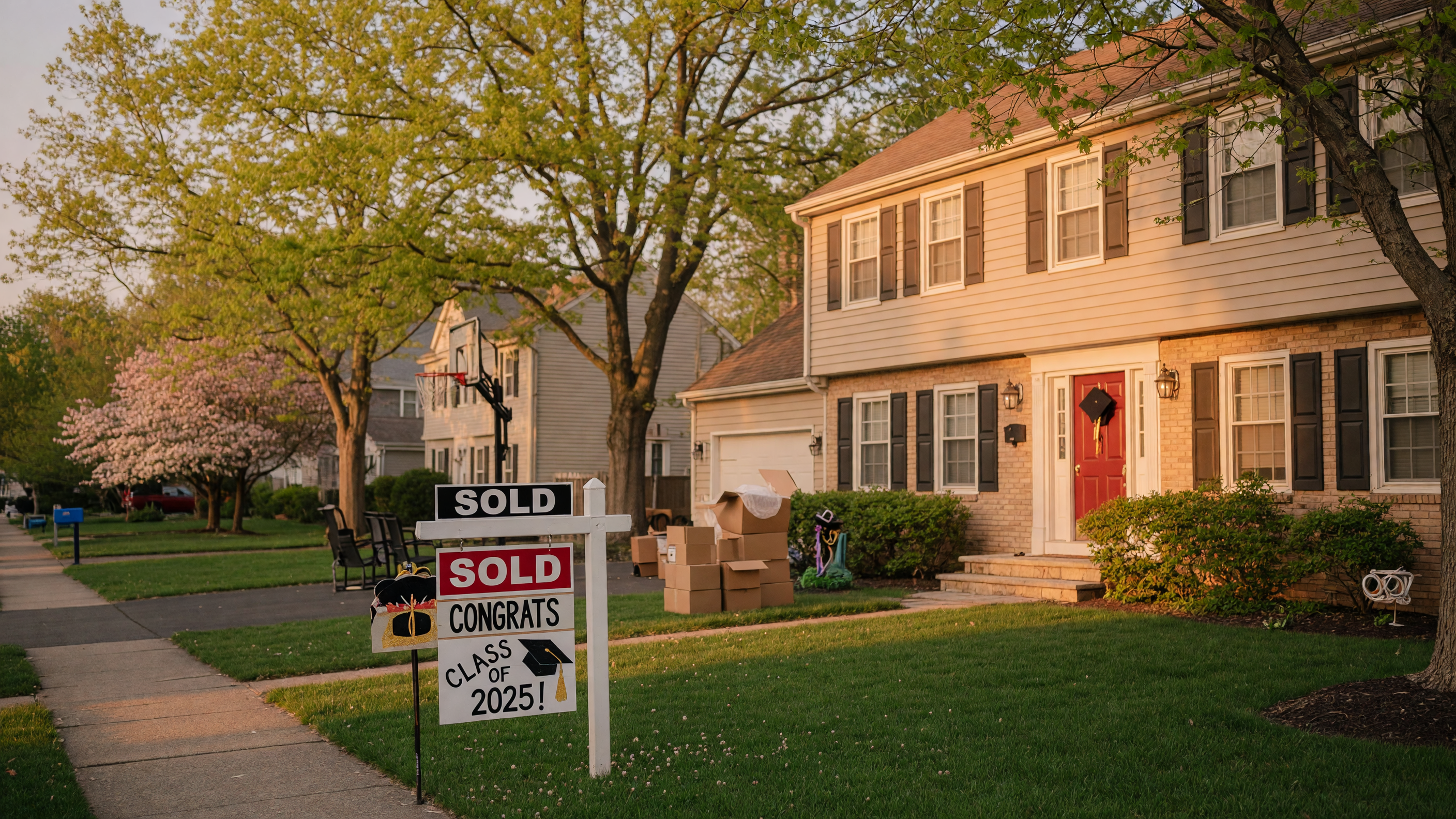 Suburban family home in Essex County NJ during golden hour, representing a new chapter for empty-nester homeowners