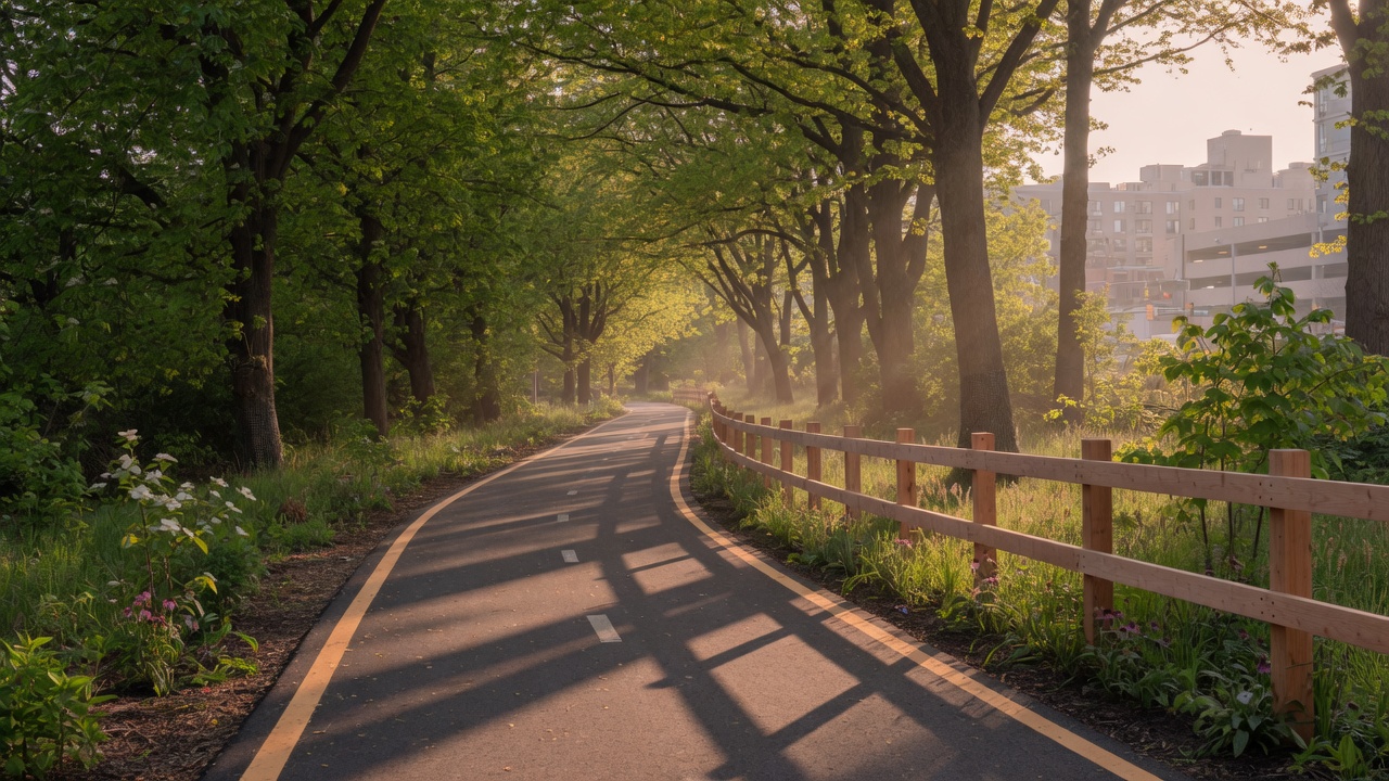 A paved multi-use trail running through a green corridor with mature trees