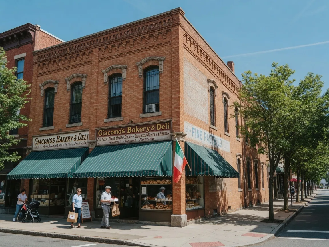 A historic brick building with awnings and storefronts on a tree-lined street in downtown Montclair NJ