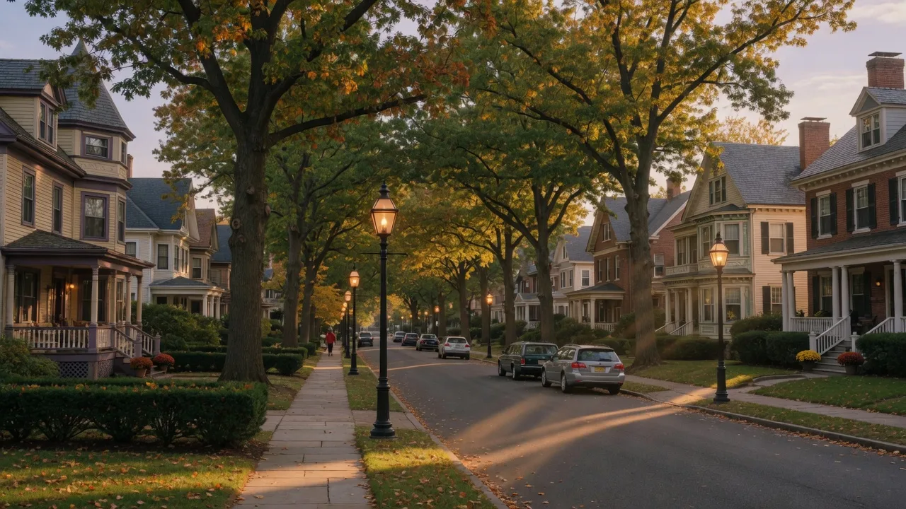 Tree-lined residential street with historic homes and gas lamp posts in Glen Ridge NJ