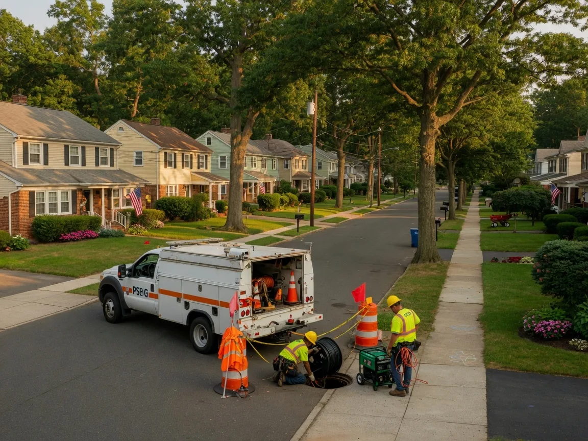 A PSE&G utility truck on a tree-lined residential street in West Orange NJ with electrical infrastructure work underway