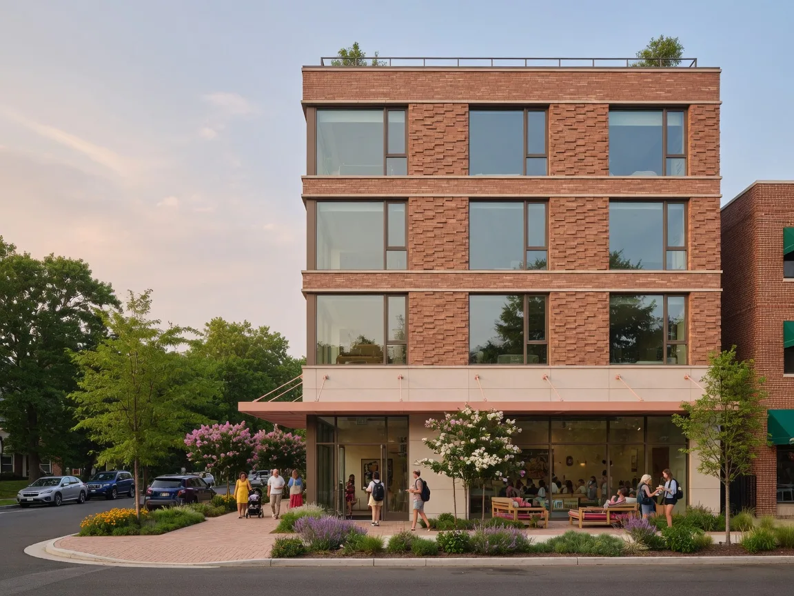 Architectural rendering of a modern mixed-use building on a tree-lined avenue in Montclair NJ