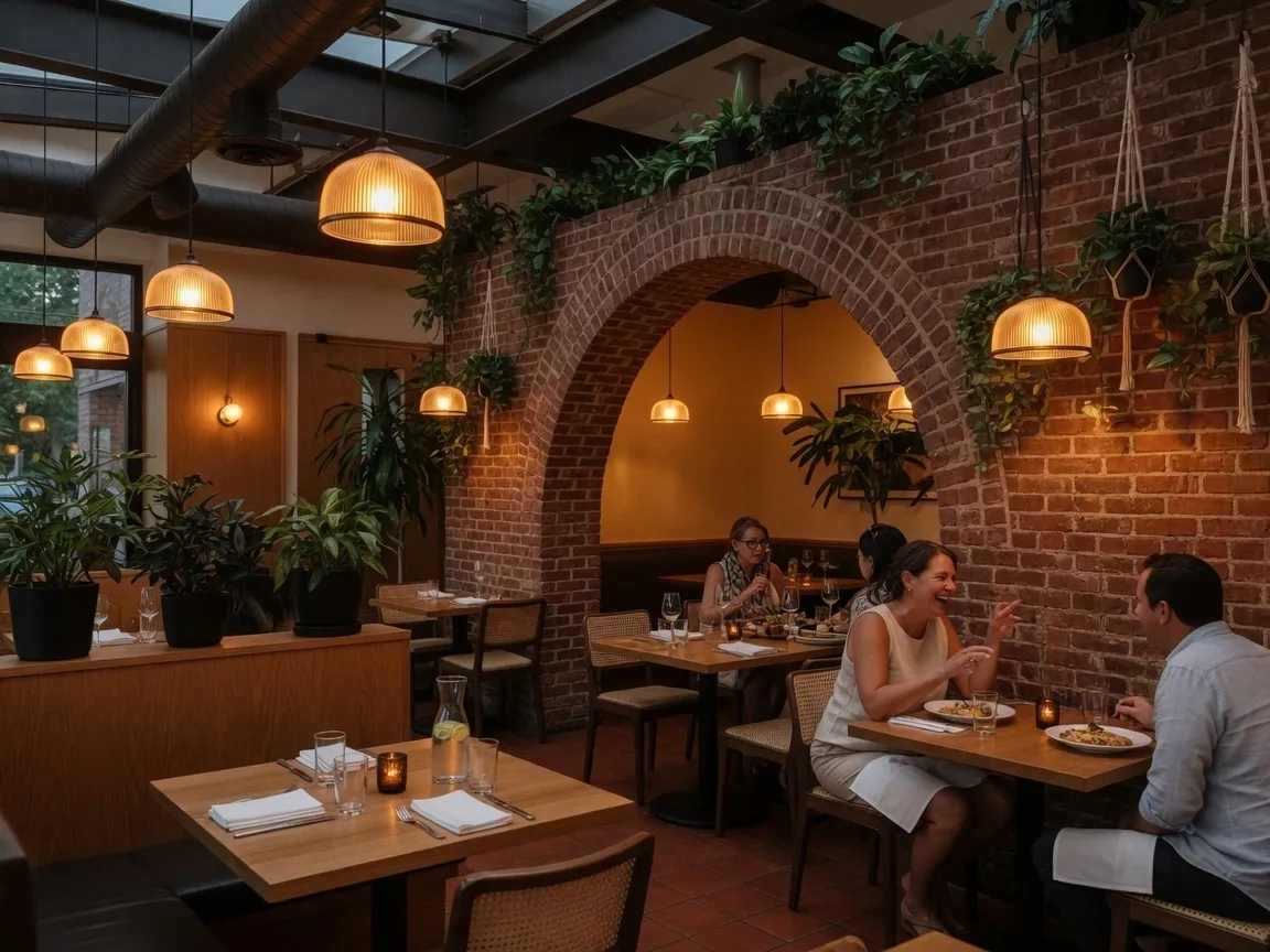 Warm interior of Clementina restaurant in Upper Montclair with brick arch walls and elegant dining tables