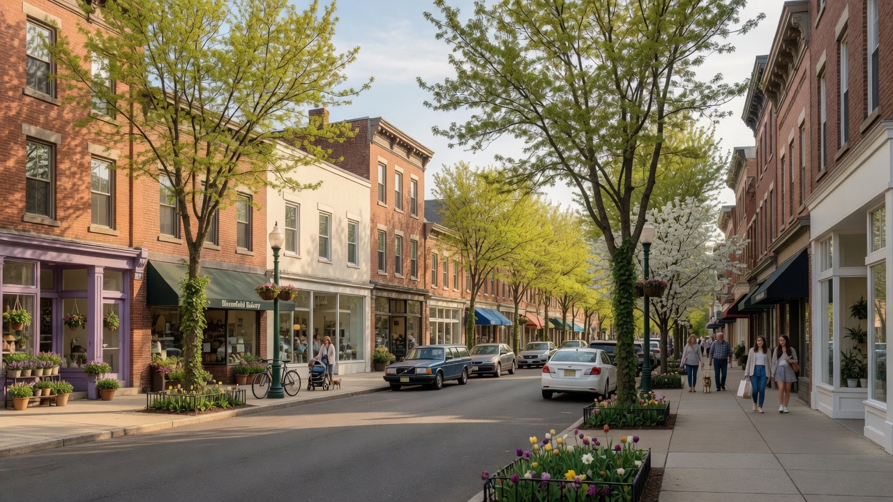 Tree-lined downtown streetscape along Bloomfield Avenue in Bloomfield NJ