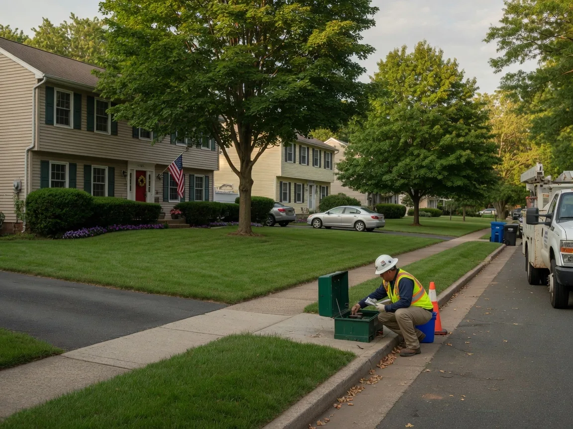 A residential street in Bloomfield NJ with a water utility worker inspecting a meter