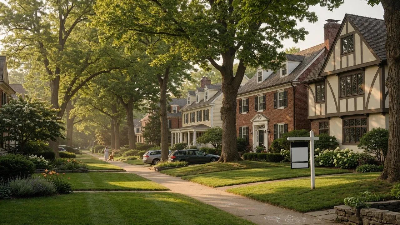 A tree-lined residential street in Montclair NJ with historic homes and mature trees