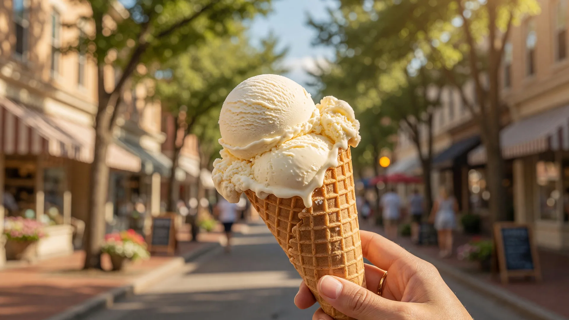 A freshly scooped ice cream cone on a warm summer day in a tree-lined downtown neighborhood
