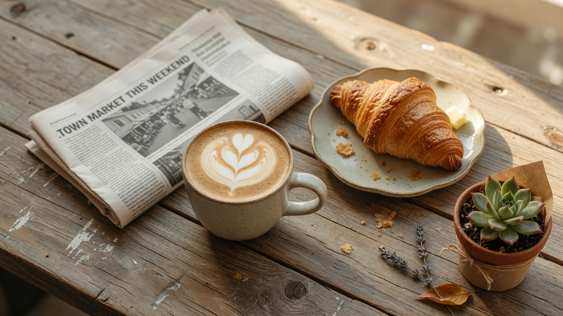A cozy coffee scene with a latte, croissant, and morning light