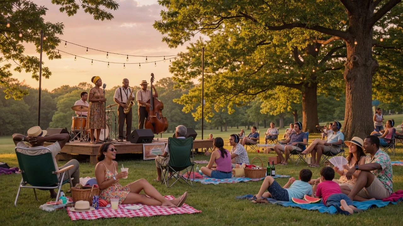 Summer evening jazz concert at a tree-lined park in Essex County NJ with audience on blankets and lawn chairs