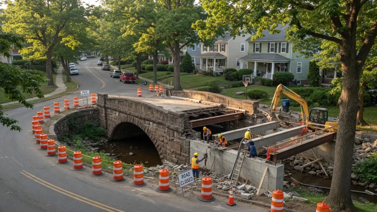 Construction site of the Label Street bridge replacement in Montclair NJ with orange barrels and equipment