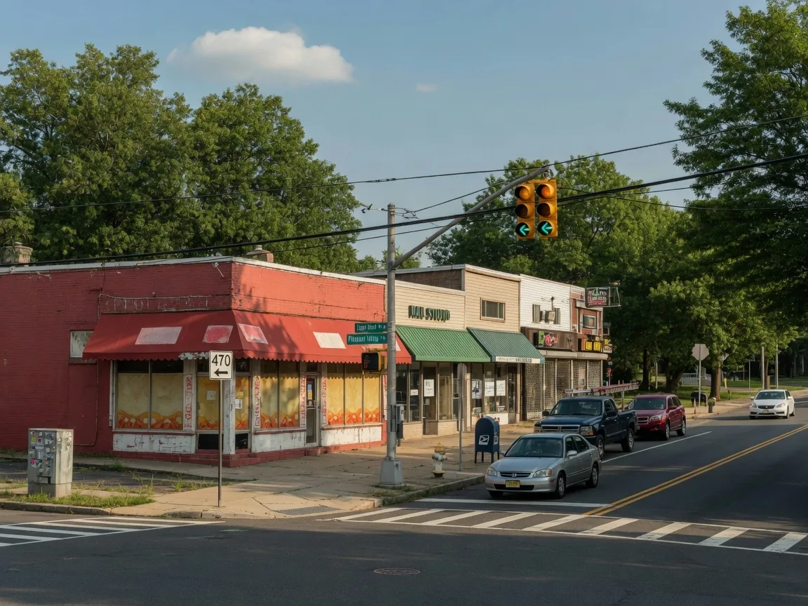 A suburban intersection on Eagle Rock Avenue in West Orange NJ with commercial buildings and traffic lights