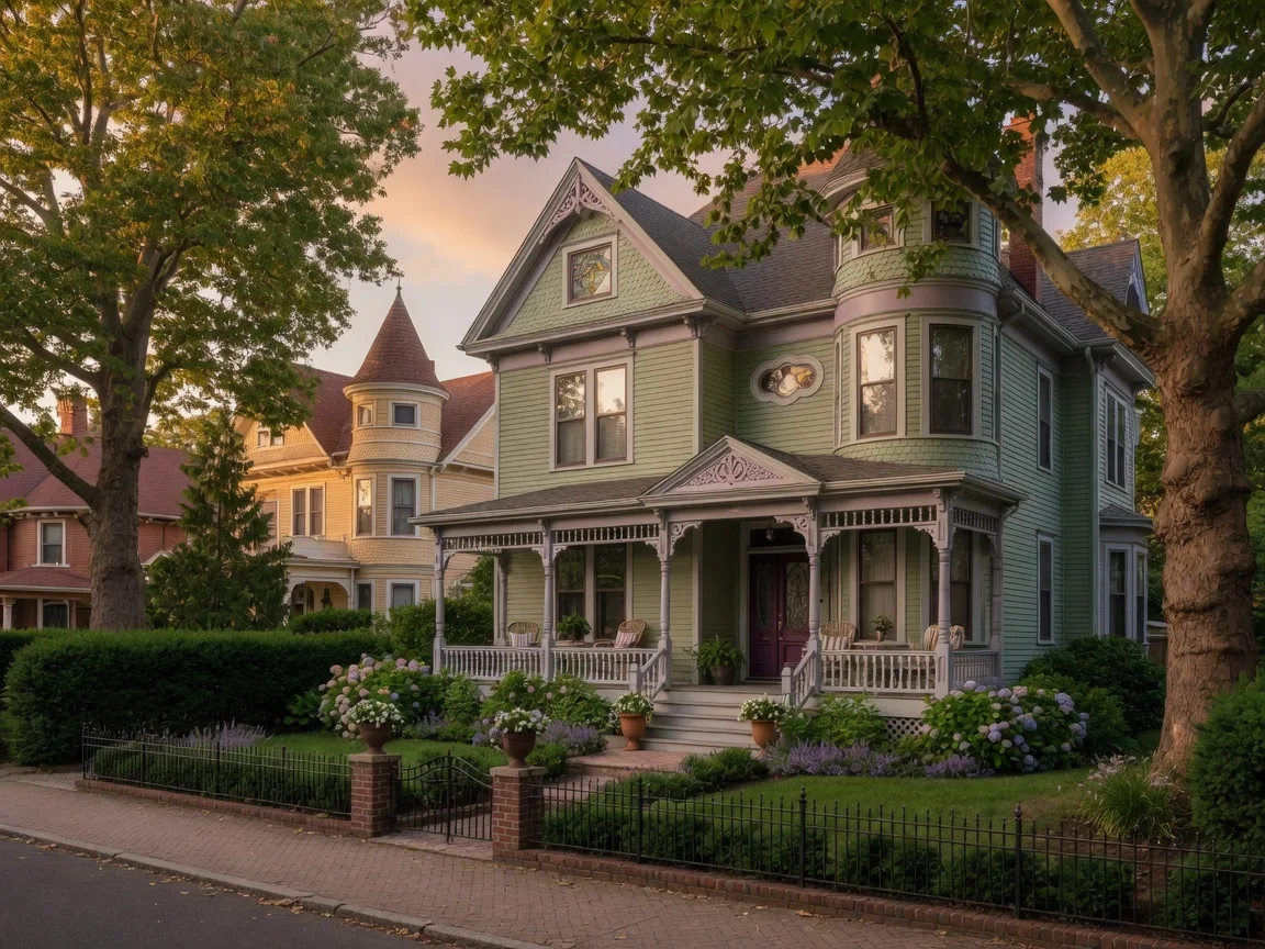 Victorian-era home in Montclair NJ with ornamental details and a manicured front garden on a tree-lined street