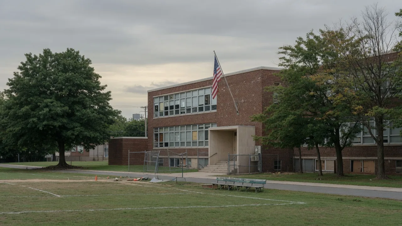 A suburban public school building in West Orange NJ with a sports field and mature trees