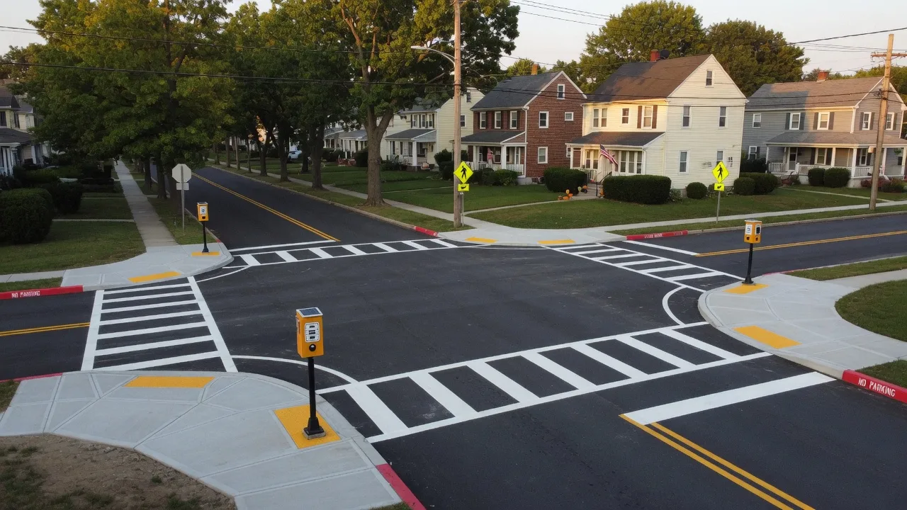 A suburban road intersection in West Orange NJ with pedestrian safety improvements