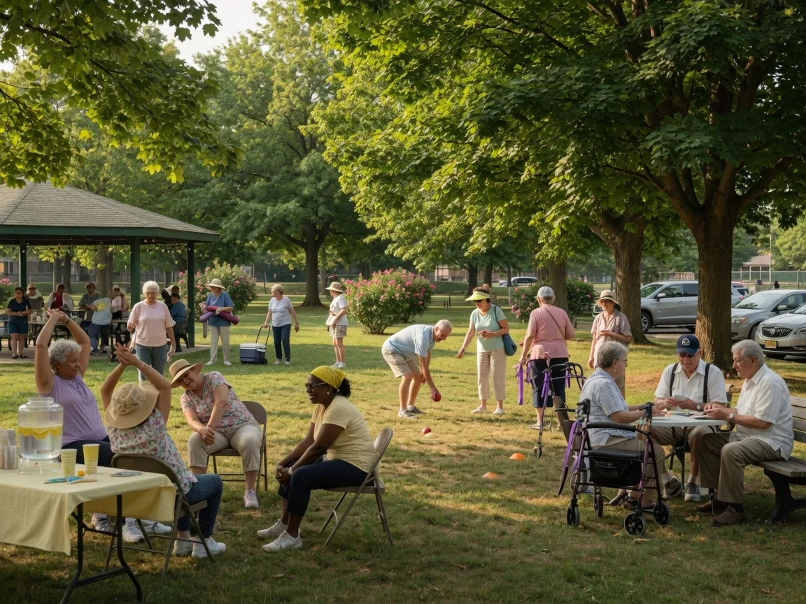 A sunny community park scene in Bloomfield New Jersey with green trees and grass