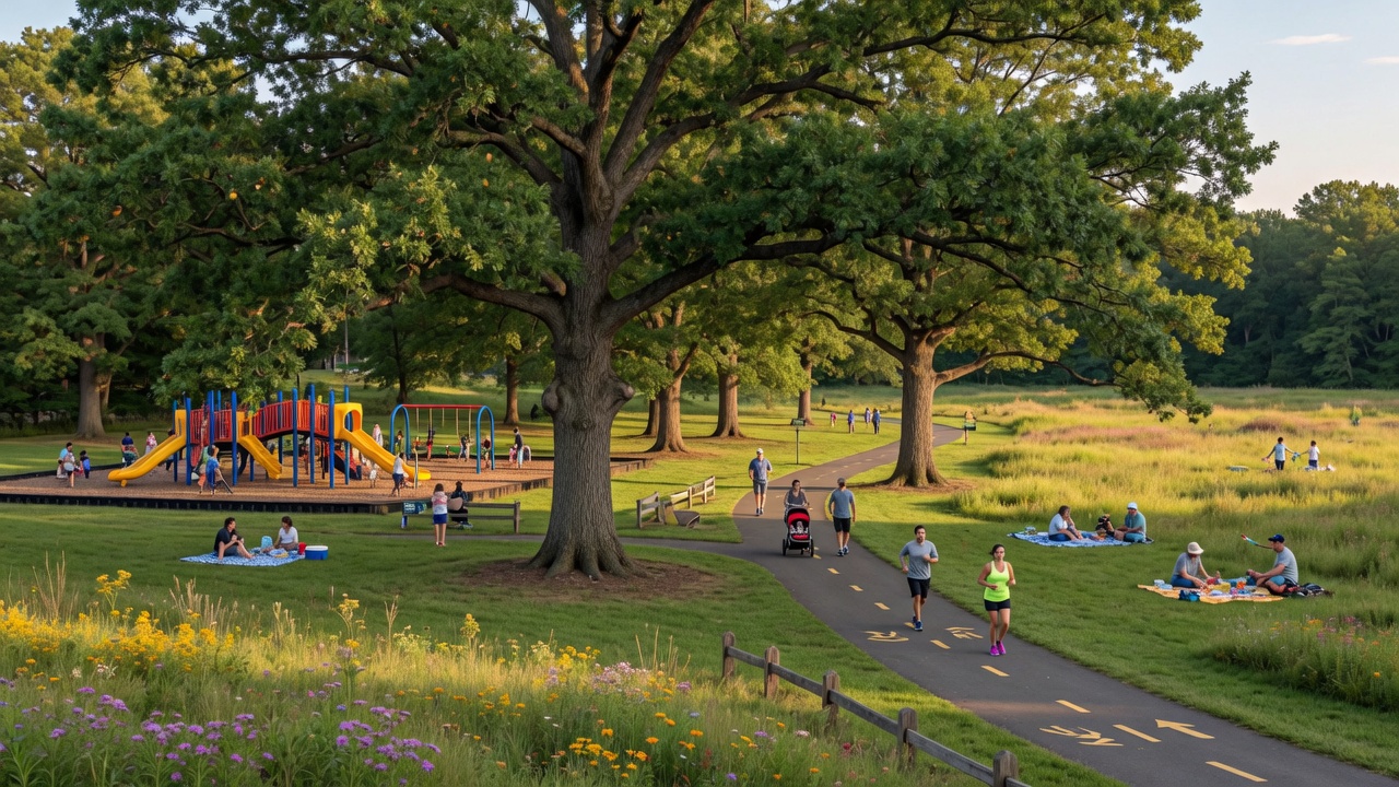 Green park with walking trails and mature trees in Essex County NJ