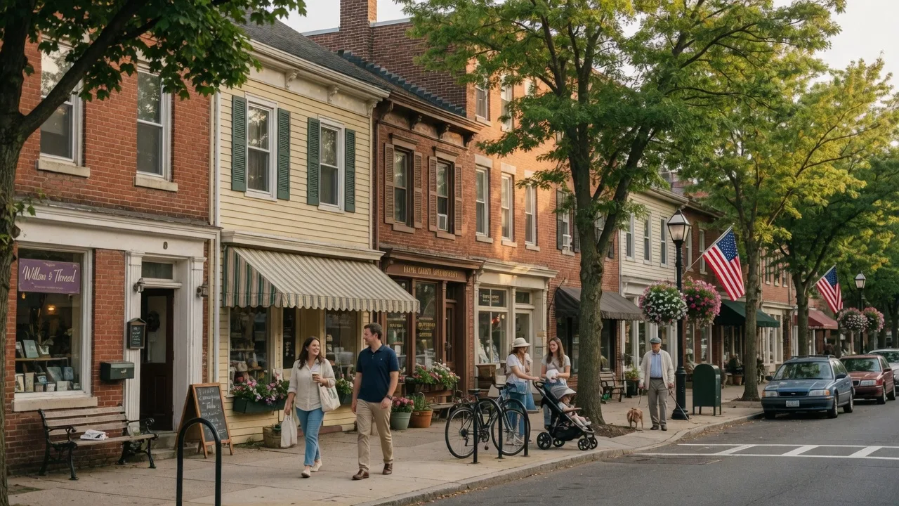 Quaint downtown storefronts and tree-lined sidewalks in Glen Ridge NJ