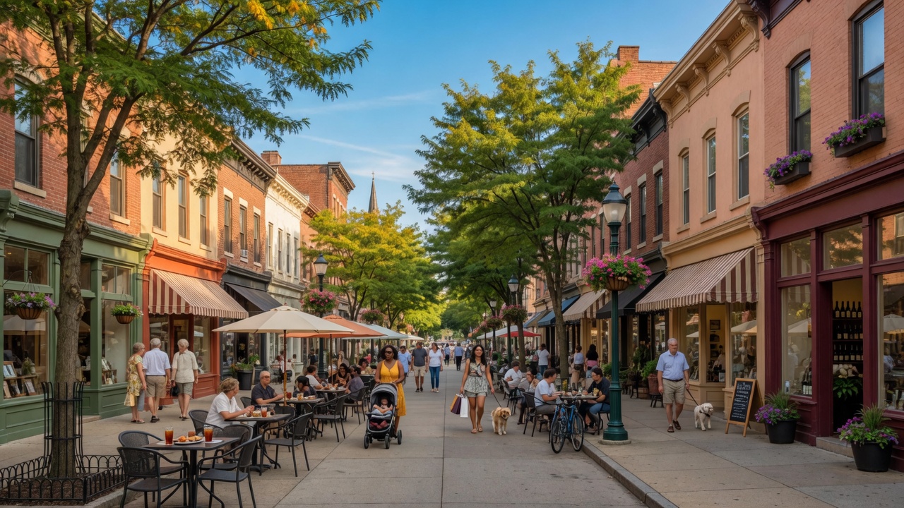 Tree-lined main street in Bloomfield NJ with local shops and restaurants