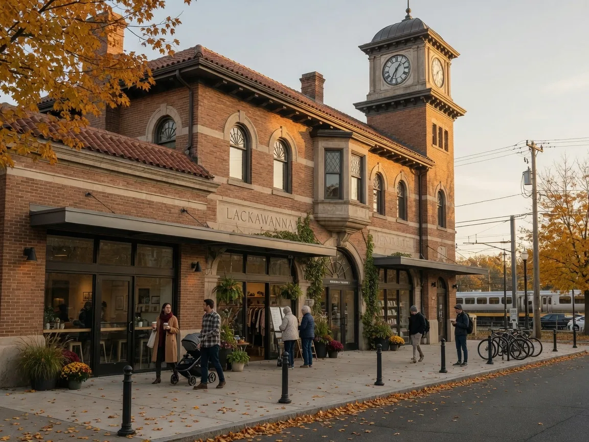 Lackawanna Station in Montclair NJ with historic train station architecture and modern retail storefronts