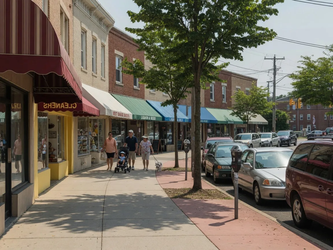 A suburban downtown street in West Orange NJ with local storefronts and pedestrians on a summer day