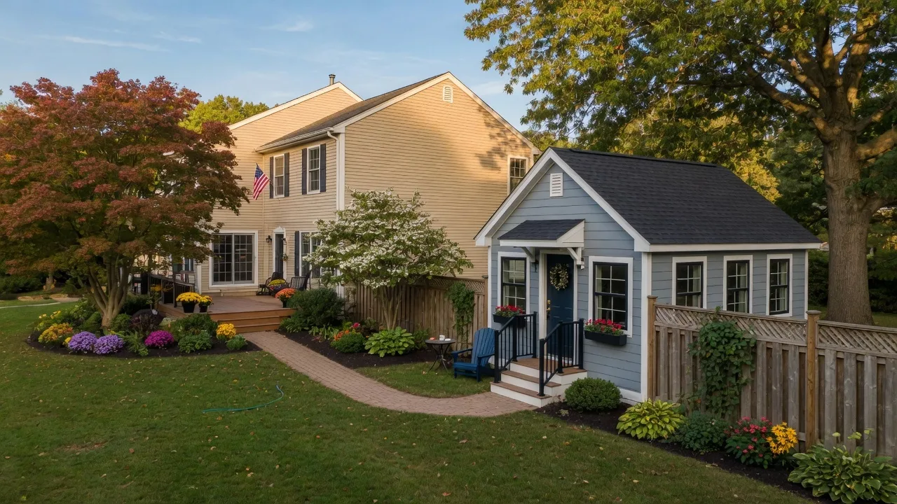 A suburban New Jersey backyard with a small accessory dwelling unit and well-maintained landscaping